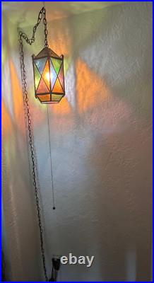 Vtg Swag Hanging Chained Lamp Stained Glass Gothic Spanish Medieval Lamp Light