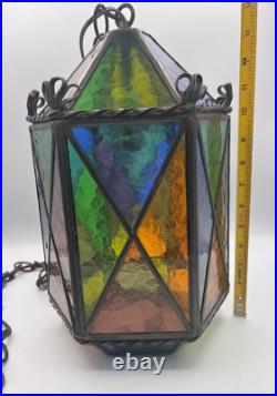 Vtg Swag Hanging Chained Lamp Stained Glass Gothic Spanish Medieval Lamp Light