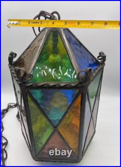 Vtg Swag Hanging Chained Lamp Stained Glass Gothic Spanish Medieval Lamp Light