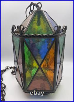 Vtg Swag Hanging Chained Lamp Stained Glass Gothic Spanish Medieval Lamp Light