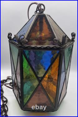 Vtg Swag Hanging Chained Lamp Stained Glass Gothic Spanish Medieval Lamp Light