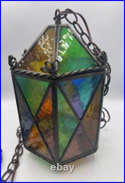 Vtg Swag Hanging Chained Lamp Stained Glass Gothic Spanish Medieval Lamp Light