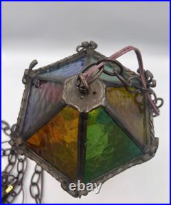 Vtg Swag Hanging Chained Lamp Stained Glass Gothic Spanish Medieval Lamp Light