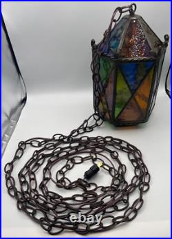 Vtg Swag Hanging Chained Lamp Stained Glass Gothic Spanish Medieval Lamp Light