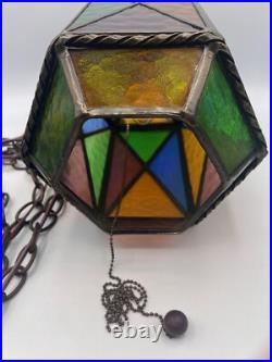 Vtg Swag Hanging Chained Lamp Stained Glass Gothic Spanish Medieval Lamp Light