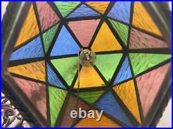 Vtg Swag Hanging Chained Lamp Stained Glass Gothic Spanish Medieval Lamp Light