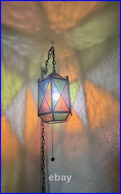 Vtg Swag Hanging Chained Lamp Stained Glass Gothic Spanish Medieval Lamp Light