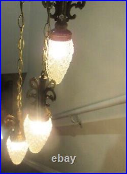 Vtg Swag Lamp 3 Teardrop Diamond Point Glass Globe Hollywood Regency MCM