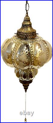 Vtg Swag Lamp Round MCM w Light Diffuser Flowers Iridescent Gold Amber Plug In