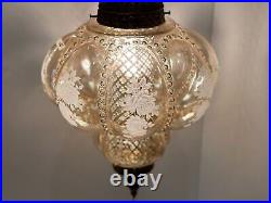 Vtg Swag Lamp Round MCM w Light Diffuser Flowers Iridescent Gold Amber Plug In