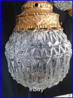 Vtg Swag Light Fixture Hanging Double Pendant Lamp Clear Glass Hollywood MCM