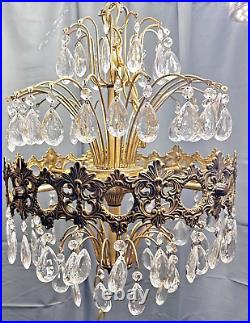 Vtg Tiered Regency Hanging Chandelier Brass & Crystal 8 Light 20 X 15 Plug in