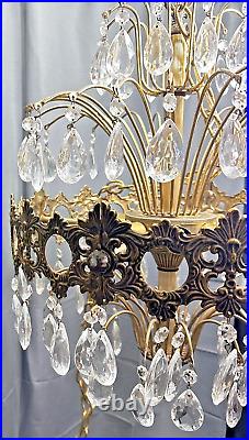 Vtg Tiered Regency Hanging Chandelier Brass & Crystal 8 Light 20 X 15 Plug in