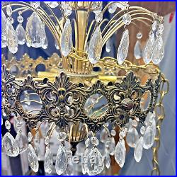 Vtg Tiered Regency Hanging Chandelier Brass & Crystal 8 Light 20 X 15 Plug in