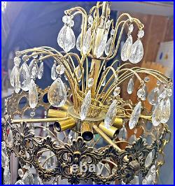 Vtg Tiered Regency Hanging Chandelier Brass & Crystal 8 Light 20 X 15 Plug in