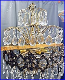 Vtg Tiered Regency Hanging Chandelier Brass & Crystal 8 Light 20 X 15 Plug in