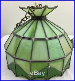 Vtg Tiffany Style Hanging Swag Lamp Ceiling Chandelier Retro Green Stained Glass