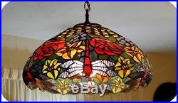 Vtg Tiffany Style Slag Glass Dragonfly with Roses, Flowers Hanging Lamp Chandelier