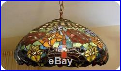 Vtg Tiffany Style Slag Glass Dragonfly with Roses, Flowers Hanging Lamp Chandelier