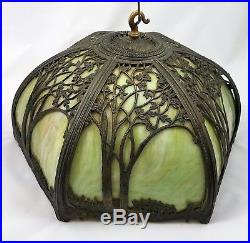 Vtg Tiffany Style Stained Glass Green with Metal Tree Overlay Hanging Lamp Light