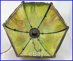 Vtg Tiffany Style Stained Glass Green with Metal Tree Overlay Hanging Lamp Light