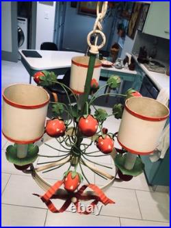 Vtg Toleware Hanging Lamp Chandelier Strawberries Italy