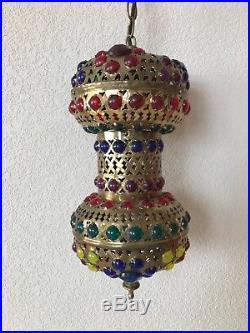 Vtg Turkish Moroccan Middle Eastern Jeweled Brass Hanging Lamp Swag Light Pierce