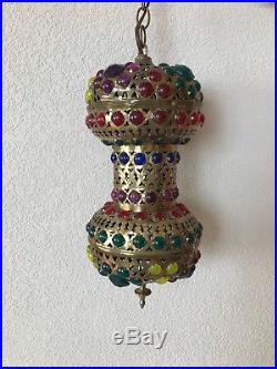 Vtg Turkish Moroccan Middle Eastern Jeweled Brass Hanging Lamp Swag Light Pierce