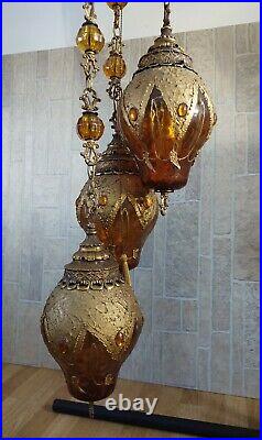 Vtg. Unique MCM Hollywood Regency Aladdin 3 Globe Jeweled Amber Swag Lamp