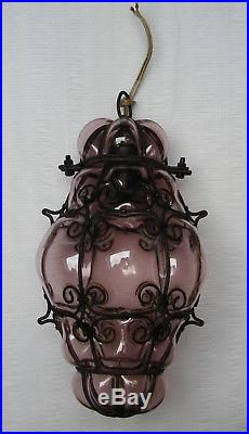Vtg Venetian Murano Hand Blown Caged Glass Hanging Ceiling Light Lantern Lamp