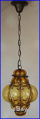 Vtg Venetian Murano Hand Blown Caged Glass Hanging Ceiling Light Lantern Lamp