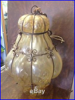 Vtg Venetian Murano Hand Blown Caged Glass Lantern Hanging Ceiling Light Lamp
