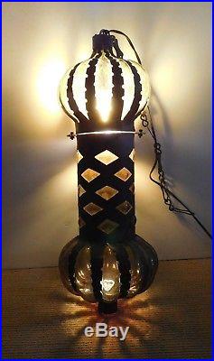 Vtg Wrought Iron Hand Blown Hanging Swag Lamp Light Mid Century Modern Gothic