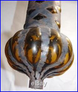 Vtg Wrought Iron Hand Blown Hanging Swag Lamp Light Mid Century Modern Gothic