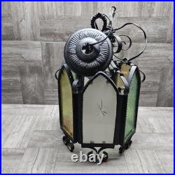 Vtg Wrought Iron Style Hanging Ceiling Swag Lamp Green & Amber Glass Gothic
