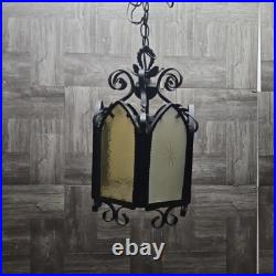 Vtg Wrought Iron Style Hanging Ceiling Swag Lamp Green & Amber Glass Gothic