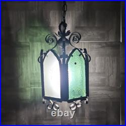 Vtg Wrought Iron Style Hanging Ceiling Swag Lamp Green & Amber Glass Gothic