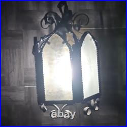 Vtg Wrought Iron Style Hanging Ceiling Swag Lamp Green & Amber Glass Gothic