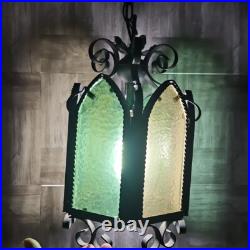 Vtg Wrought Iron Style Hanging Ceiling Swag Lamp Green & Amber Glass Gothic