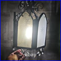 Vtg Wrought Iron Style Hanging Ceiling Swag Lamp Green & Amber Glass Gothic