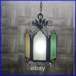 Vtg Wrought Iron Style Hanging Ceiling Swag Lamp Green & Amber Glass Gothic