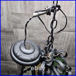 Vtg Wrought Iron Style Hanging Ceiling Swag Lamp Green & Amber Glass Gothic