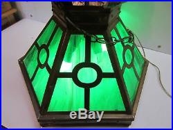 Vtg large Brass Green Slag Glass Mission Style Hanging Chain Light Fixture Lamp