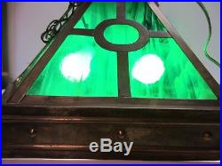 Vtg large Brass Green Slag Glass Mission Style Hanging Chain Light Fixture Lamp