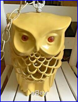 Vtg mid century Two Sided OWL Swag Hanging Lamp ceramic yellow light fixture mcm