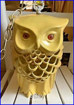 Vtg mid century Two Sided OWL Swag Hanging Lamp ceramic yellow light fixture mcm