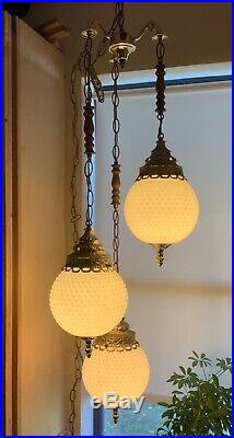 Vtg triple White globe Hobnail Milk Glass Hanging Swag Lamp Light Mid Century