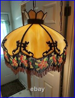 WAS $1450 Antique Victorian Carmel Slag Glass with Beaded Fringe Trim Hanging Lamp