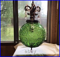 WICKED Inspired Vintage MCM Green Glass Swag Scroll Pattern Lamp Pink Crystals