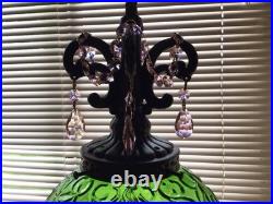 WICKED Inspired Vintage MCM Green Glass Swag Scroll Pattern Lamp Pink Crystals